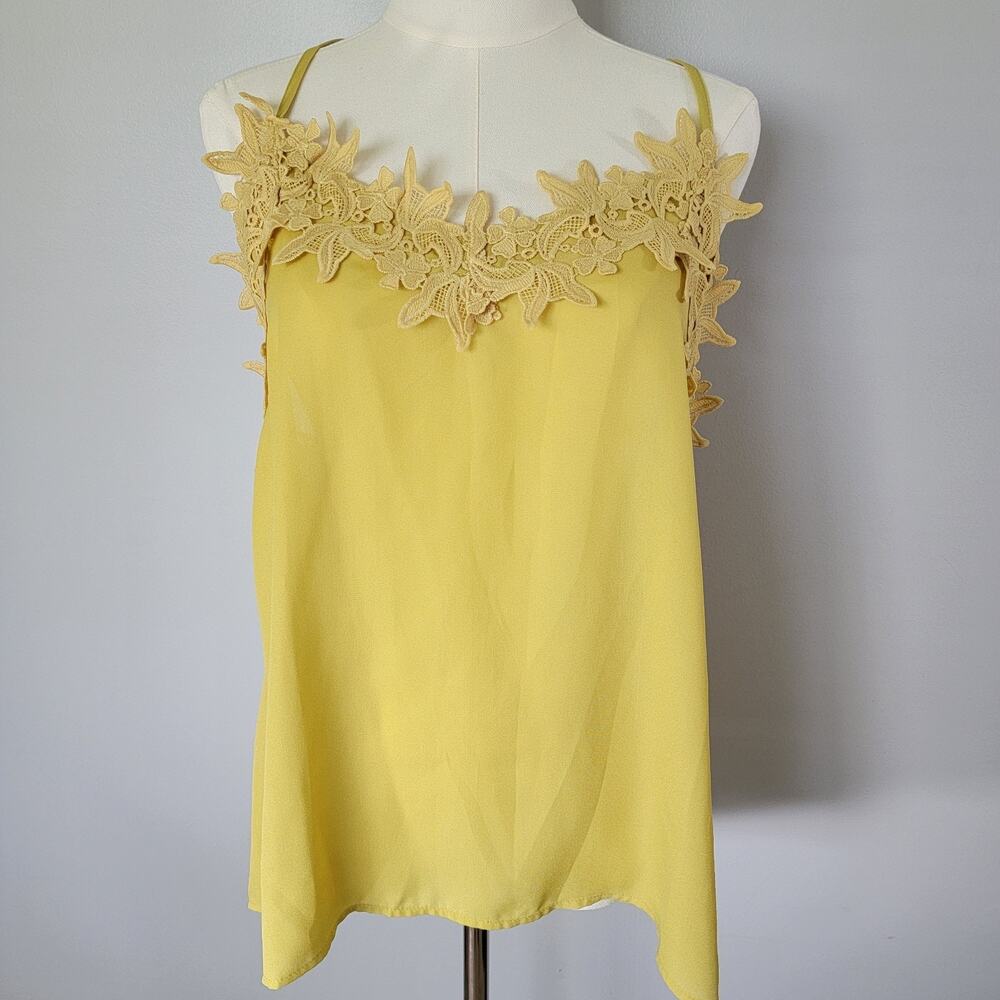 BiBi Yellow Embroidered Cami Top Y2K Womens L Racerback Lacey Feminine Romantic